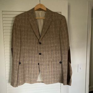 Billy Reid plaid jacket with leather patches.